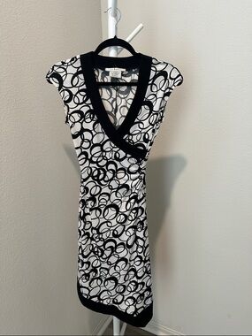 La Belle Black & White Printed Wrap-Style Asymmetrical Midi Dress